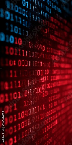 Obraz na płótnie Abstract Digital Background Consisting of Flowing Red Binary Code Data Streams on a Dark Screen Grid