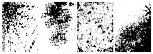 Set of 4 Grunge Texture Backgrounds with Black Ink Splatters and Scratches Vector Distressed Overlays for Urban and Industrial Designs