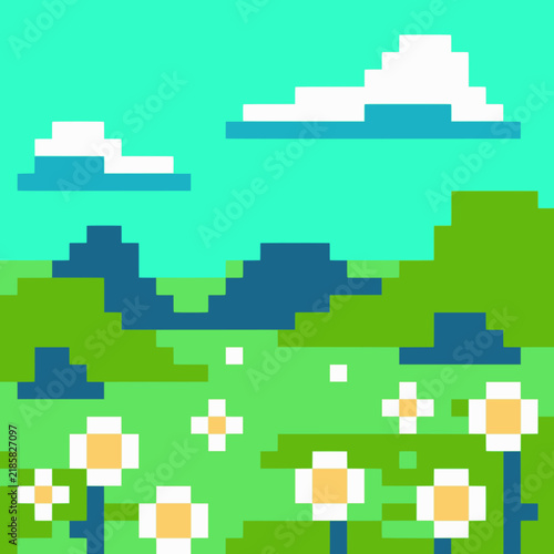 Sunny Meadow Landscape Pixel Art Vector Illustration