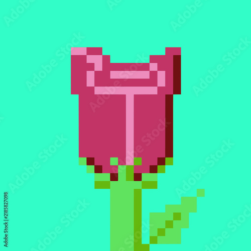 Pink Rose Pixel Art Vector Illustration
