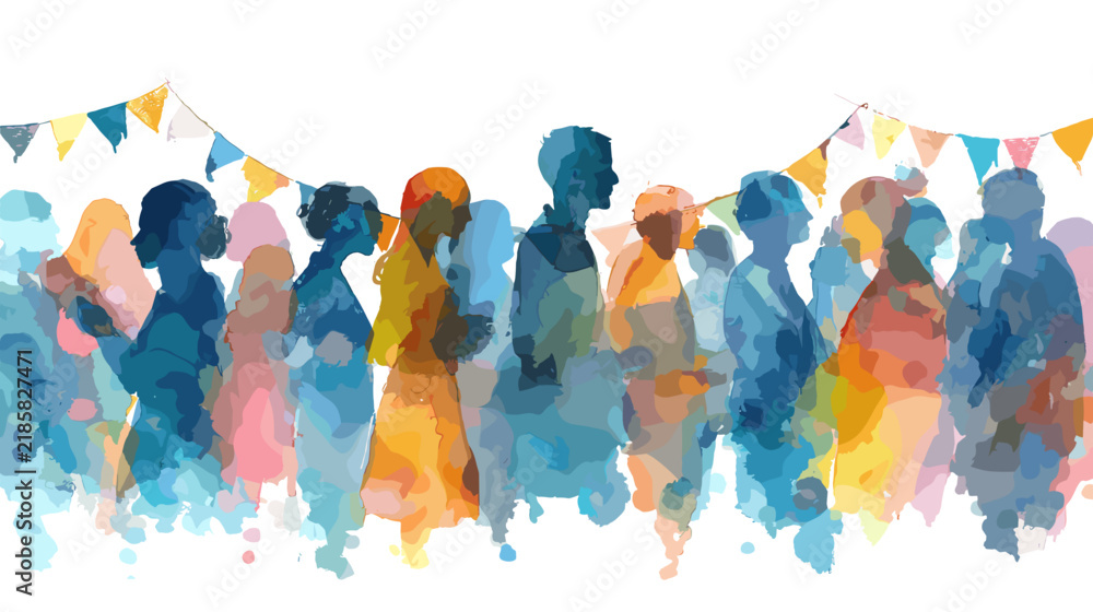 Obraz premium People Silhouettes Enjoying a Colorful Outdoor Celebration with Bunting Decorations