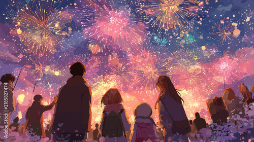 фотографія People Gathered in Excitement Watching Colorful Fireworks Display at Night