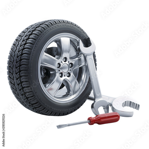 Car tire and alloy wheel with wrench spanner and screwdriver for auto maintenance, vehicle repair service isolated element on transparent background