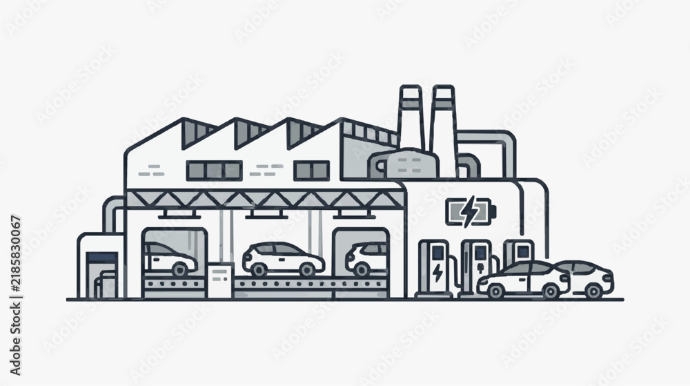 Fototapeta premium Electric Vehicle Manufacturing Plant with Charging Stations and Assembly Line