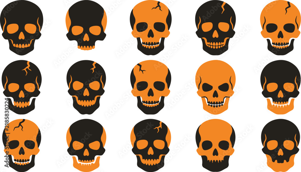Fototapeta premium Vector illustration set featuring various stylized human skulls in black and orange colors for halloween graphic design projects
