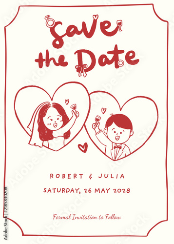 Save the date with couple in love frame illustration hand drawn template for wedding invitation