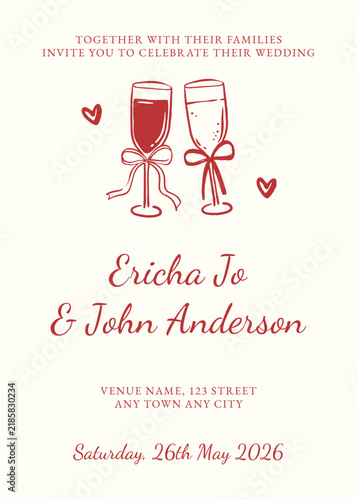 Save the date with wine toast illustration hand drawn template for wedding