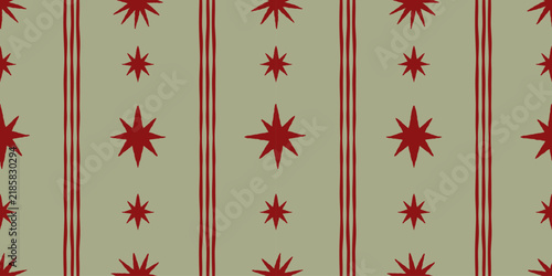 Vector Seamless Christmas pattern with hand-drawn festive motifs, decorative stars and ornaments in a playful vintage-inspired style