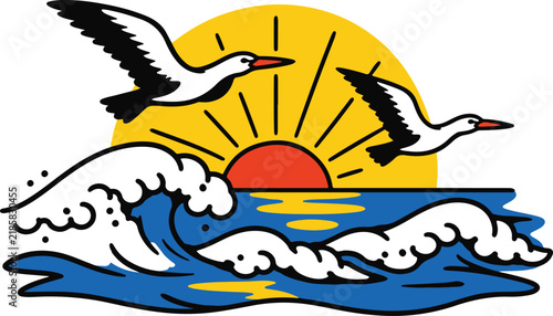 Flying seagull birds over ocean sunset wave badge style illustration for summer beach vacation theme design.