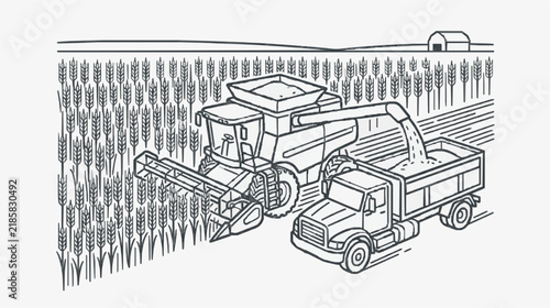 Harvesting Wheat with Combine Harvester and Grain Truck in Agricultural Field