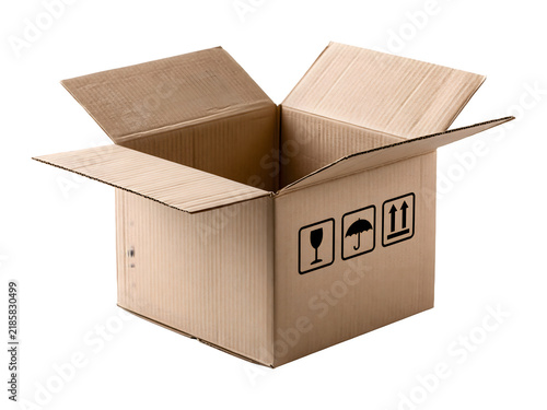 Open empty cardboard box with fragile shipping symbols for packaging, warehouse storage logistics, retail delivery parcel container isolated on transparent background