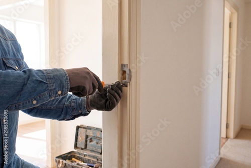 Professional Technician Attaching Metal Door Strike Plate Using Hand Tool