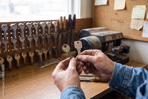 Locksmith Evaluating Metal Key Blanks Against Original Samples at Workbench