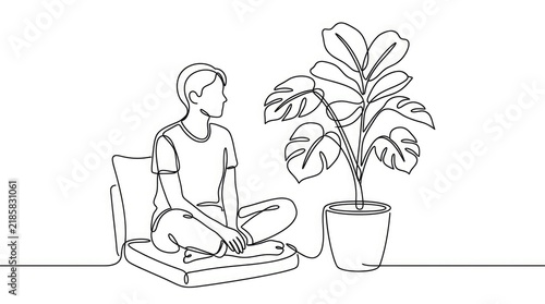 Continuous line drawing of a person meditating near a plant