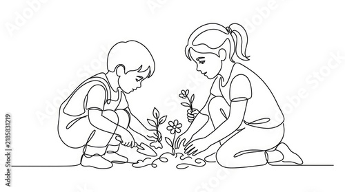 Children planting flowers in the garden line art