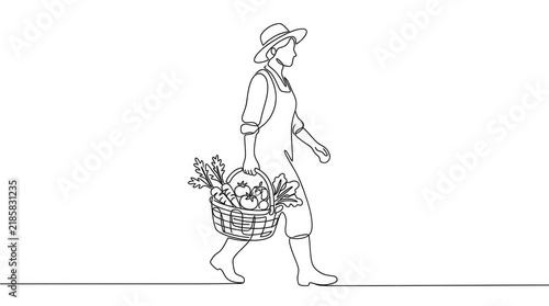 Continuous line drawing of a farmer carrying a vegetable basket