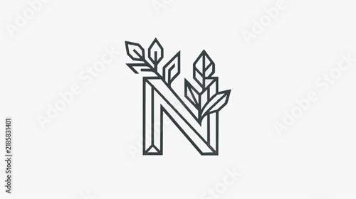 Geometric Letter N with Integrated Leaf and Stem Design Art
