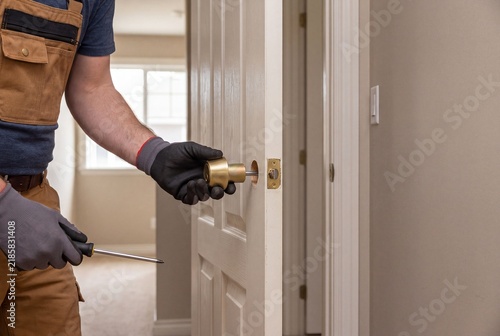 Handyman Installing Brass Door Knob Hardware in Residential Interior