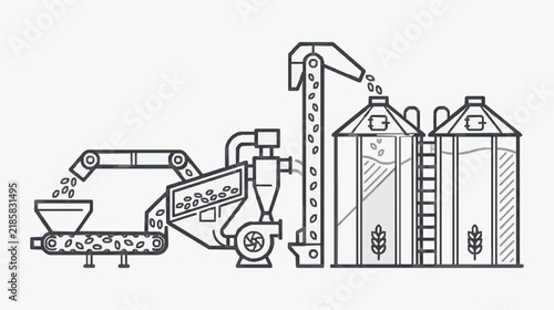 Grain Processing Plant and Silos Line Art for Agricultural Industry Design