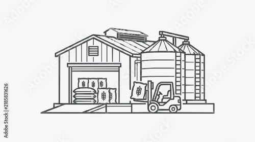 Grain Storage Barn with Silos and Forklift for Agricultural Operations