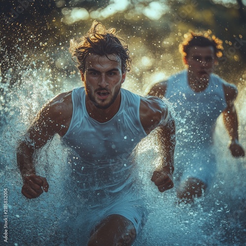 Athletic men running through splashing water in intense training
