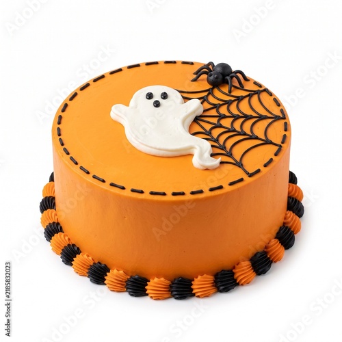 Festive Halloween Orange Cake With Cute Ghost Black Spider Web Design.
