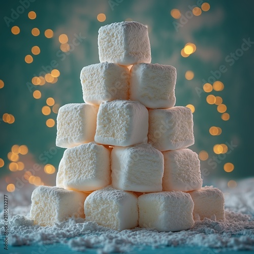 Stack of homemade white marshmallows with festive bokeh lights
