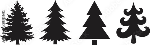 Christmas Tree Silhouette Icon Set with Varied Pine, Fir, and Spruce Shapes for Winter Holidays, Greeting Cards, Festive Decorations, and Seasonal Graphic Designs