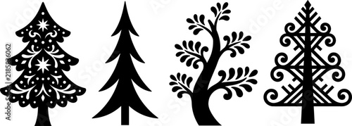 Decorative Christmas Tree Silhouette Set with Folk Art Patterns, Swirls, and Festive Ornaments for Winter Holiday Crafts, Cards, and Laser Cutting Projects