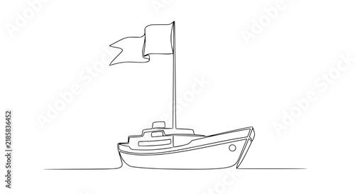 Minimalist boat with flag on transparent background, single line drawing