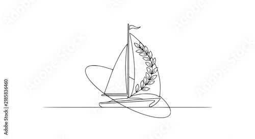 Minimalist sailboat with laurel wreath, continuous line art, isolated on white