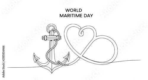 World Maritime Day Anchor Heart Infinity Line Art Isolated Transparent Background
