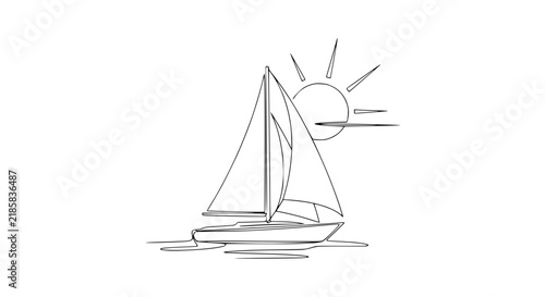 Minimalist sailboat sailing towards the sun, line art illustration, transparent background