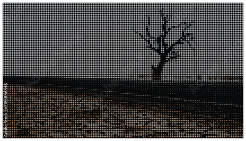 Solitary tree silhouette in open field rendered with dot pattern design.