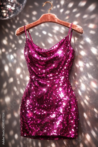 Pink sequin mini dress hanging under sparkling disco ball light reflections on wall