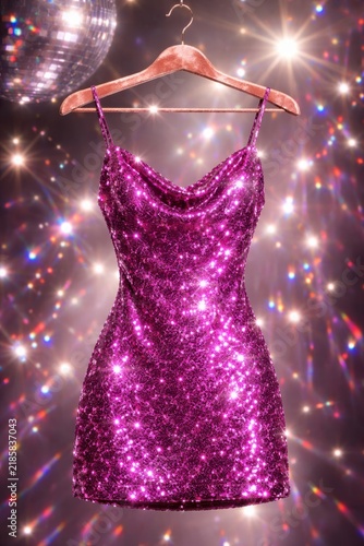 Glamorous magenta sequined dress displayed on velvet hanger with dazzling party atmosphere background