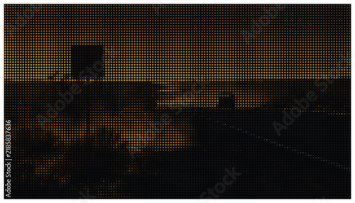 Sunset scene with dramatic golden brown halftone dot pattern.