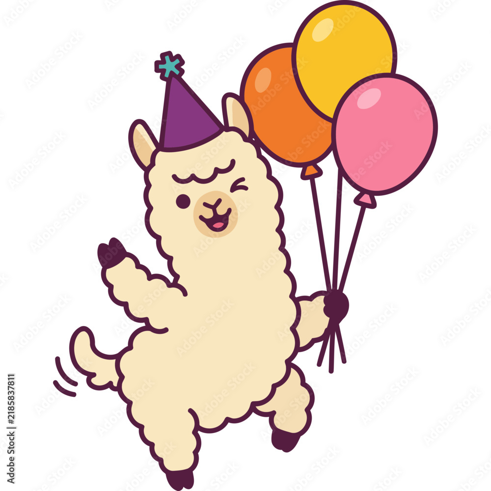 Obraz premium Cute Alpaca Ilama Party Dancing with Balloon