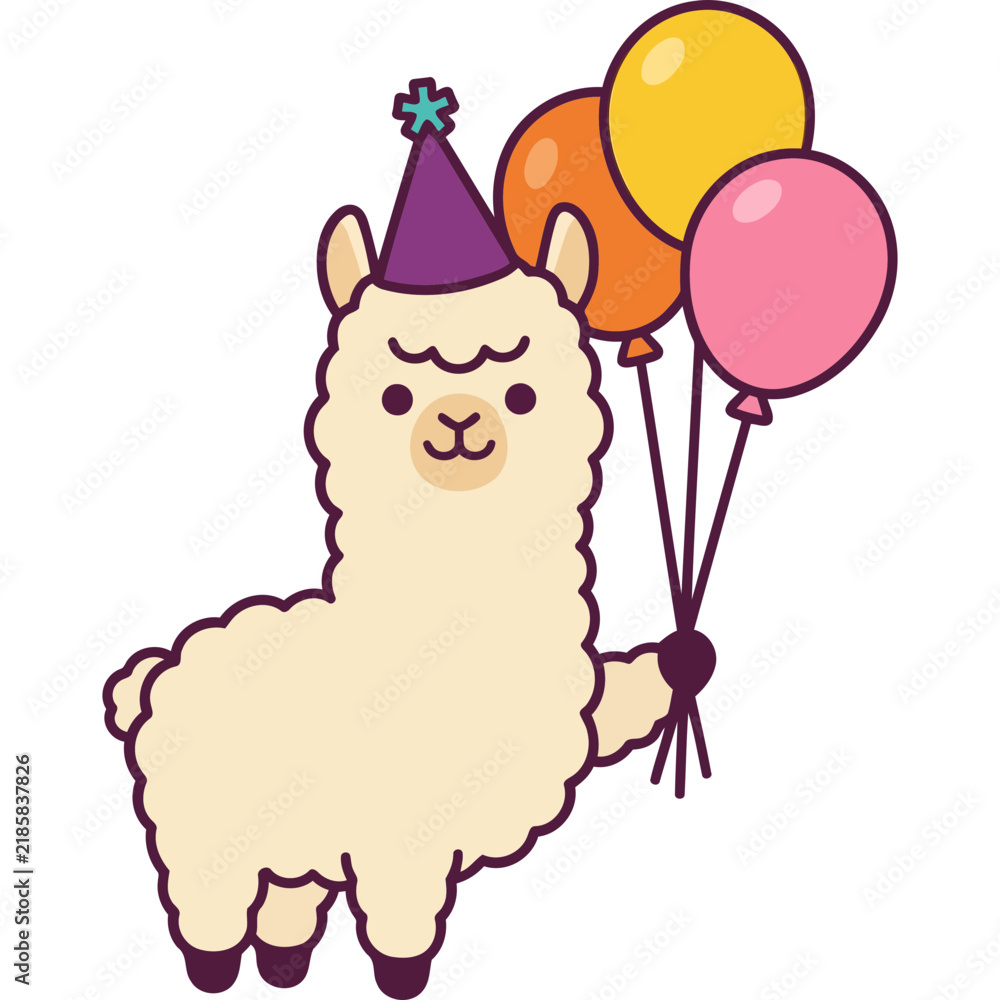 Obraz premium Cute Alpaca Ilama Party with Hat and Balloon