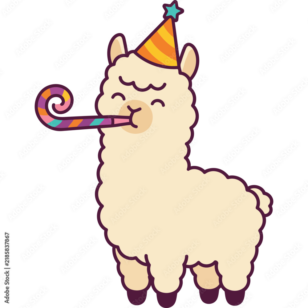 Obraz premium Cute Alpaca Ilama Party Blow a Party Horn