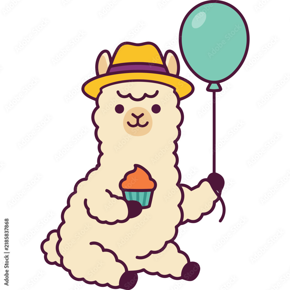 Obraz premium Cute Alpaca Ilama Party Holding Cupcake