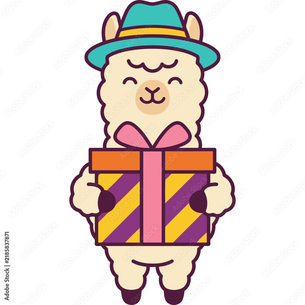 Obraz premium Cute Alpaca Ilama Party Gift Box Present