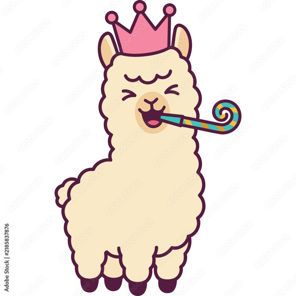 Obraz premium Cute Alpaca Ilama Party Excited Party Blower