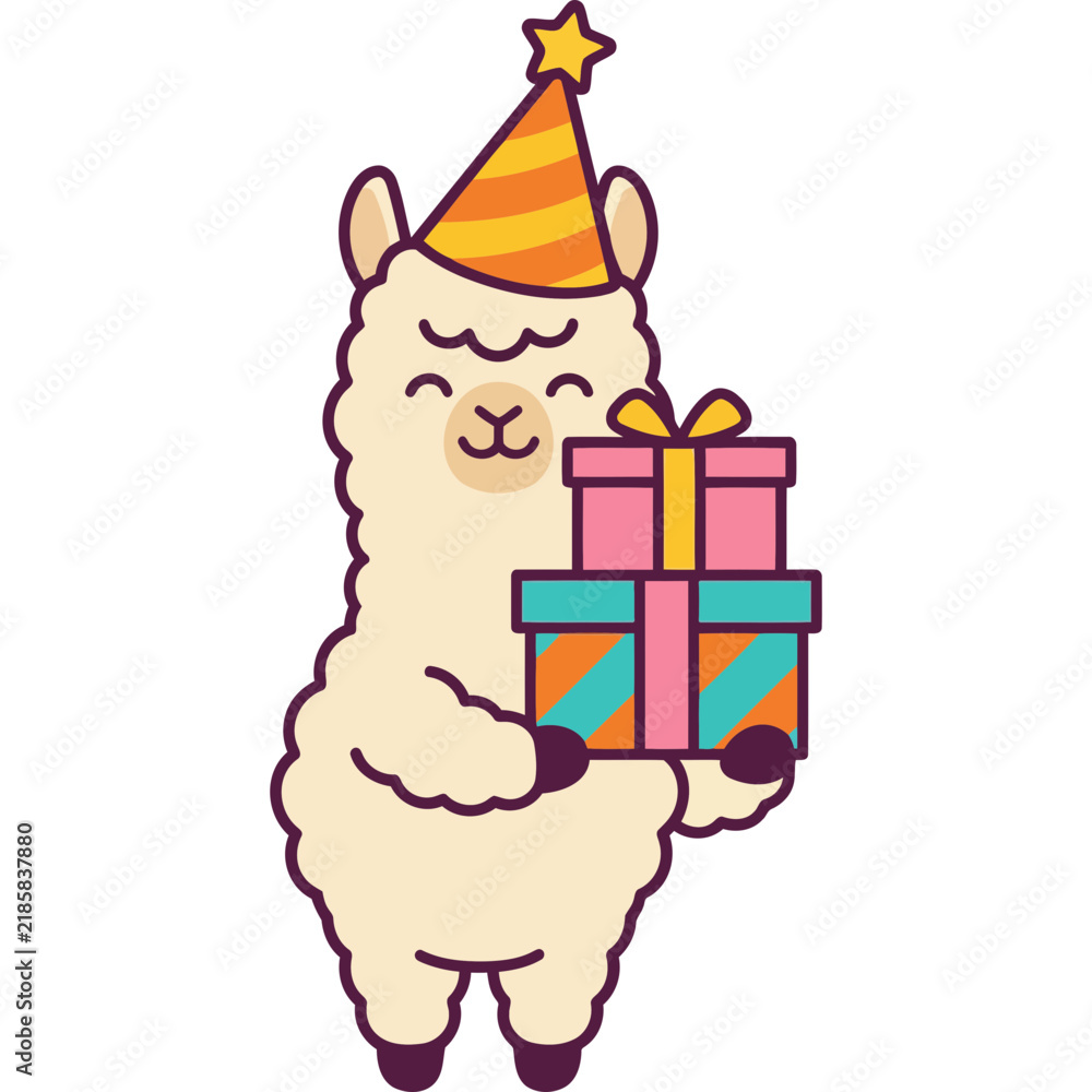 Obraz premium Cute Alpaca Ilama Party Holding Gift Boxes