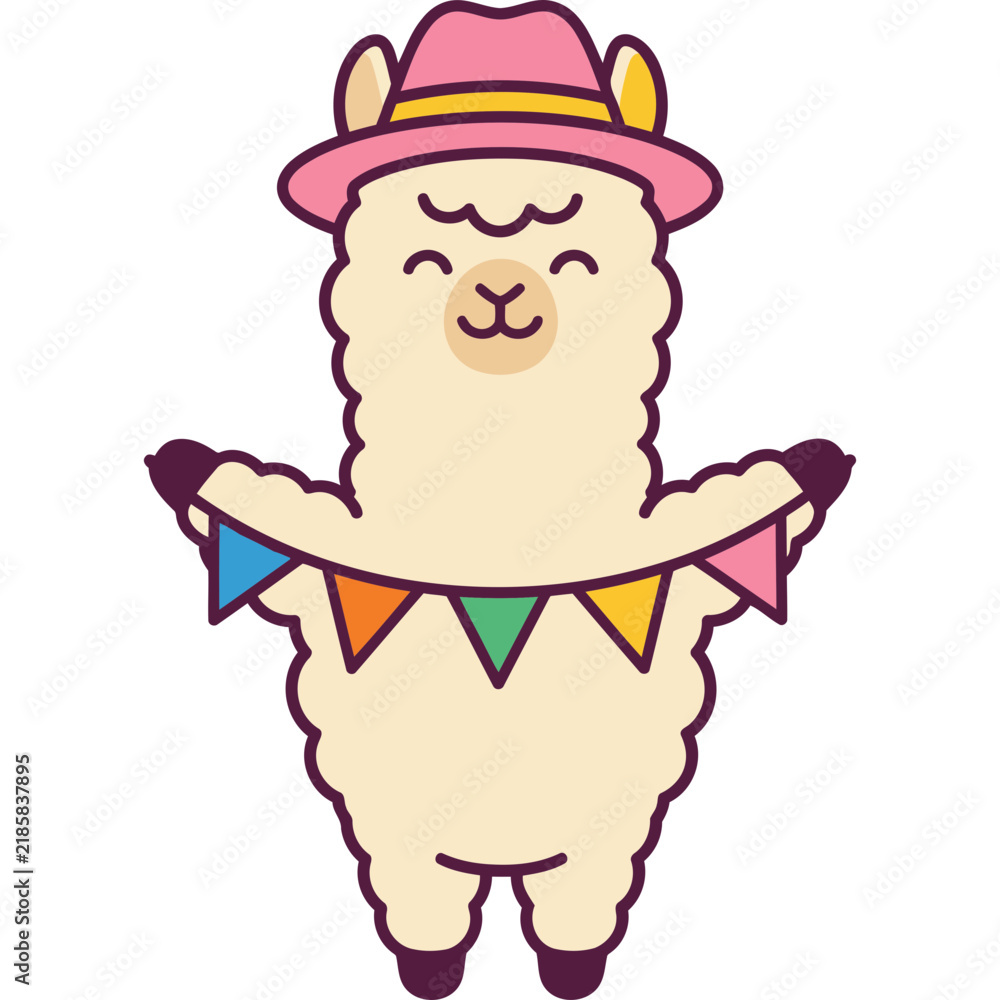 Obraz premium Cute Alpaca Ilama Party Holding Party Flag