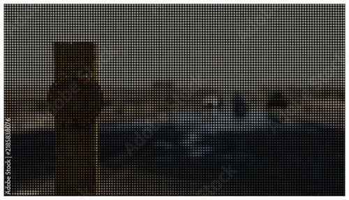 Vertical wooden post in field landscape rendered with circular dot texture.