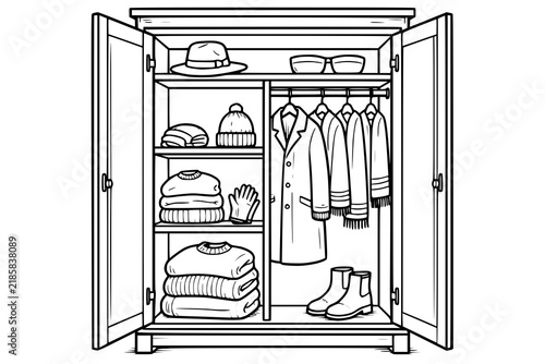 Armoire with open doors showcases a well organized collection of seasonal clothing and footwear.