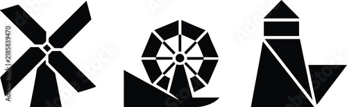 Foto Origami windmill water mill and lighthouse silhouette icons set as solid black g