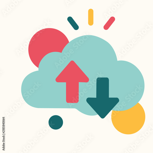 Cloud upload and download concept with directional arrows, representing data transfer, backup, storage and file synchronization