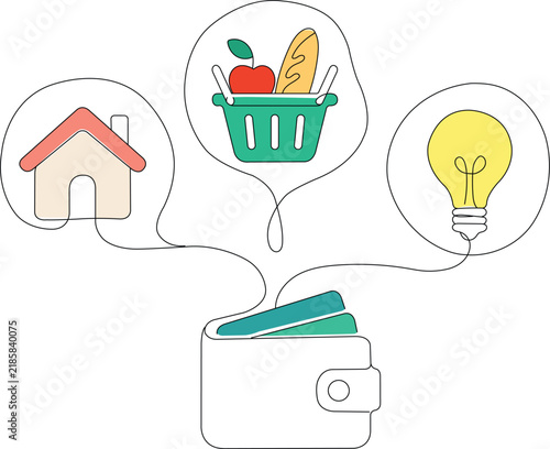 Household budget concept with wallet, home, groceries and energy symbols in a clean colorful line art vector illustration
